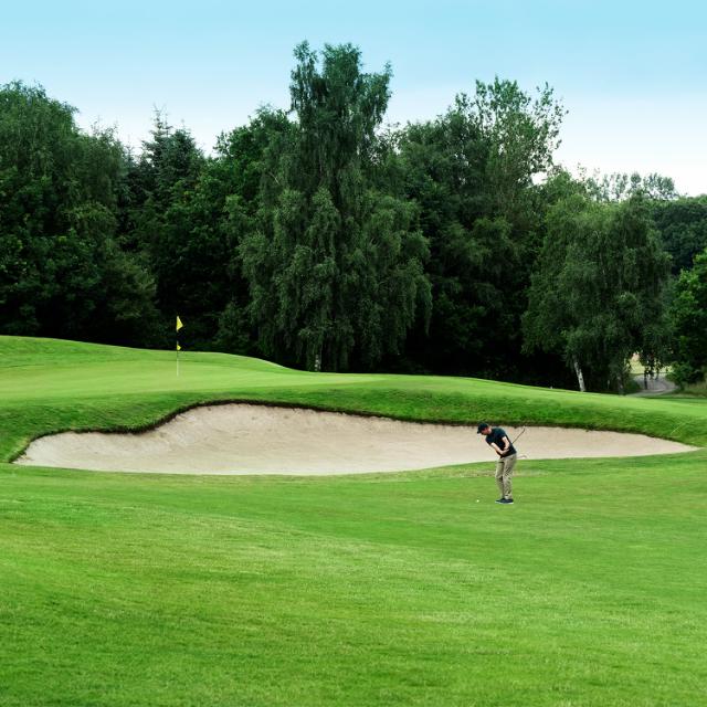 Golfspiller slår til bolden på en golfbane