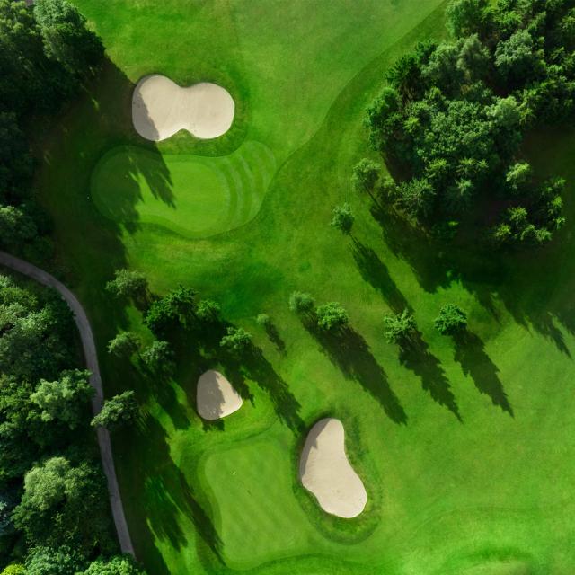Flot golfbane set fra oven med sandbunkere