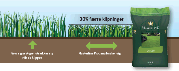 Færre klip med Masterline Prodana, græs, græsfrø, masterline græsfrø, masterline prodana, slåning af græs. 